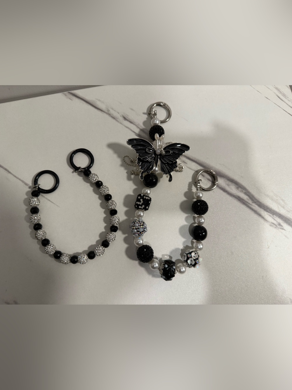 Black & Silver Beaded Bag Charm with Butterfly Charm